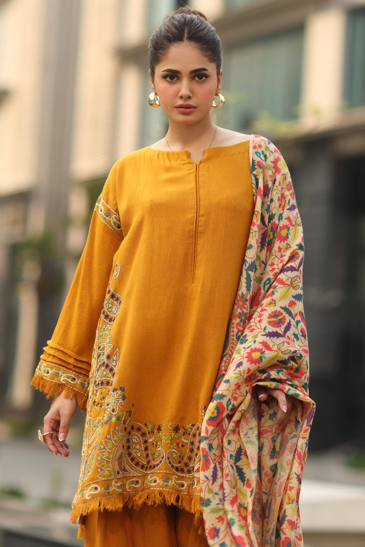 Embroidered Raw Silk Yellow Stitched Suit - Charizma