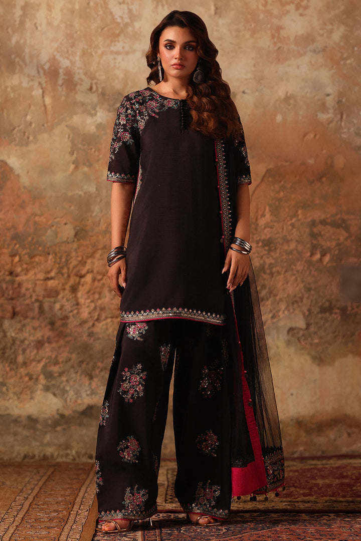 Embroidered Raw Silk Black Stitched Suit - Charizma