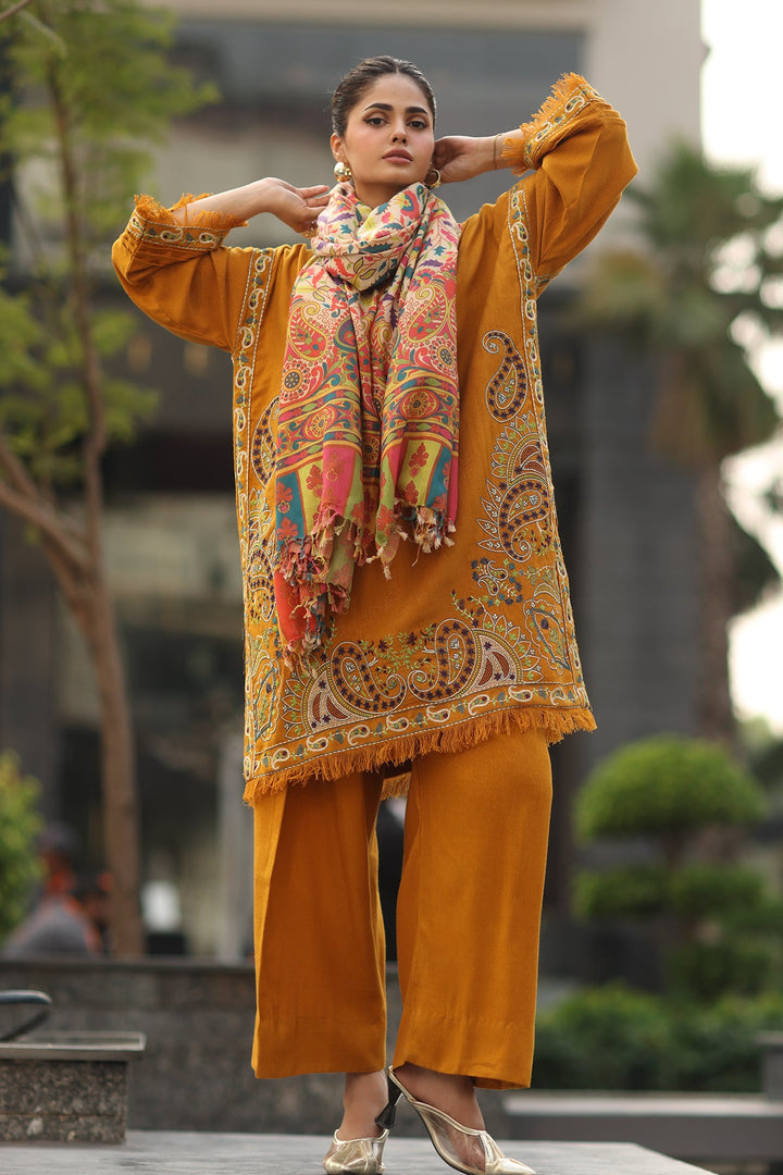 Embroidered Raw Silk Yellow Stitched Suit - Charizma