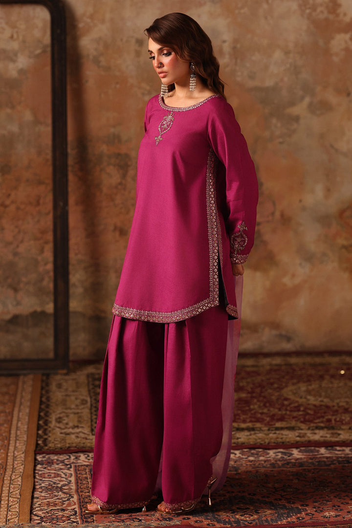 Embroidered Raw Silk Magenta Stitched Suit - Charizma