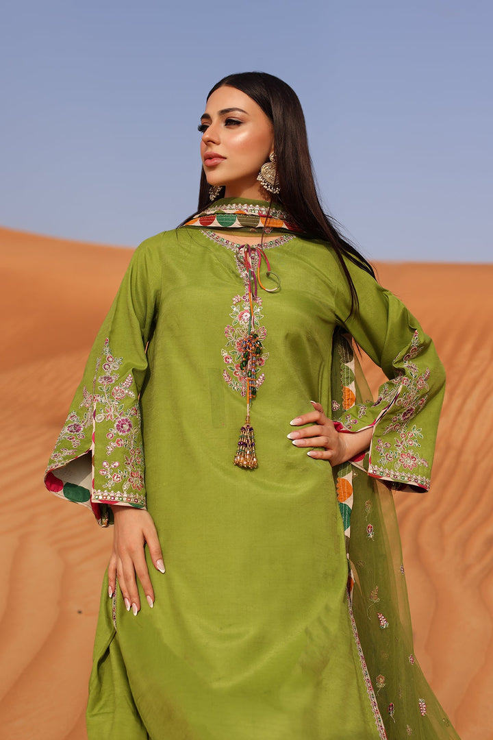 Embroidered Raw Silk Green Stitched Suit - Charizma