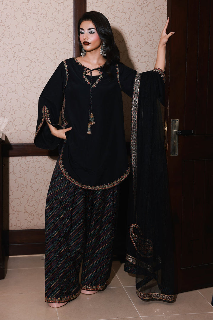 Embroidered Raw Silk Black Stitched Suit - Charizma