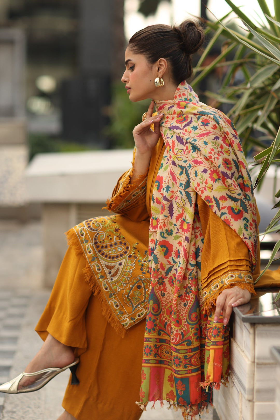 Embroidered Raw Silk Yellow Stitched Suit - Charizma