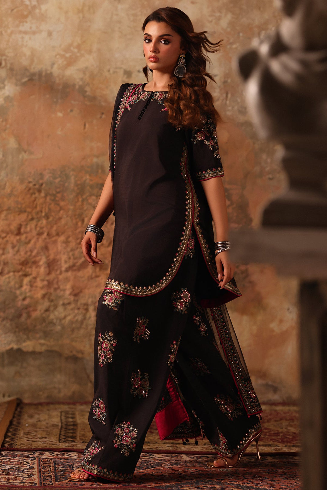 Embroidered Raw Silk Black Stitched Suit - Charizma
