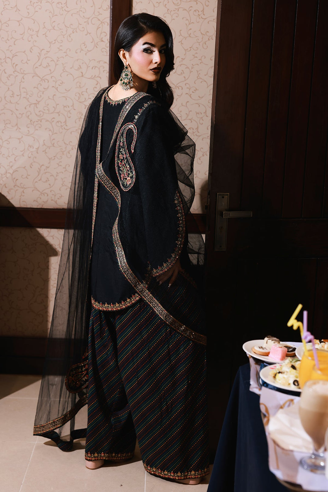 Embroidered Raw Silk Black Stitched Suit - Charizma