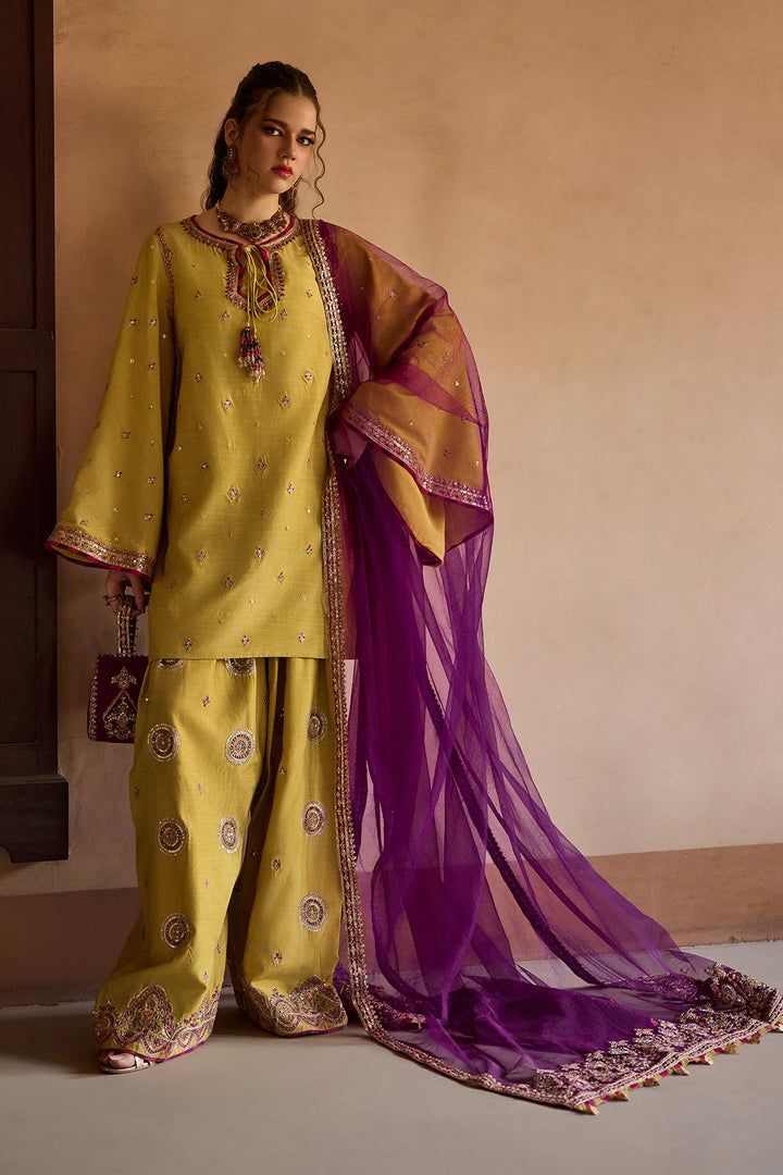 Embroidered Cotton Net Yellow Stitched Suit - Charizma