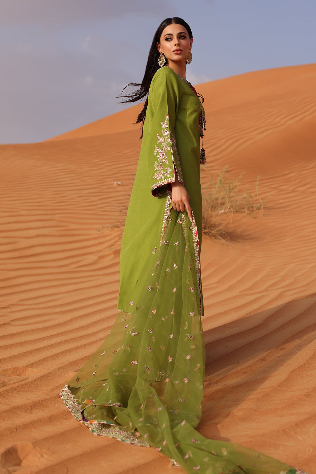 Embroidered Raw Silk Green Stitched Suit - Charizma