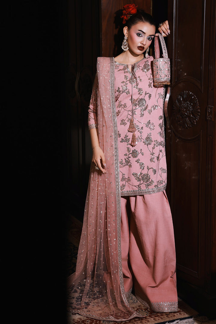 Embroidered Raw Silk Peach Stitched Suit - Charizma
