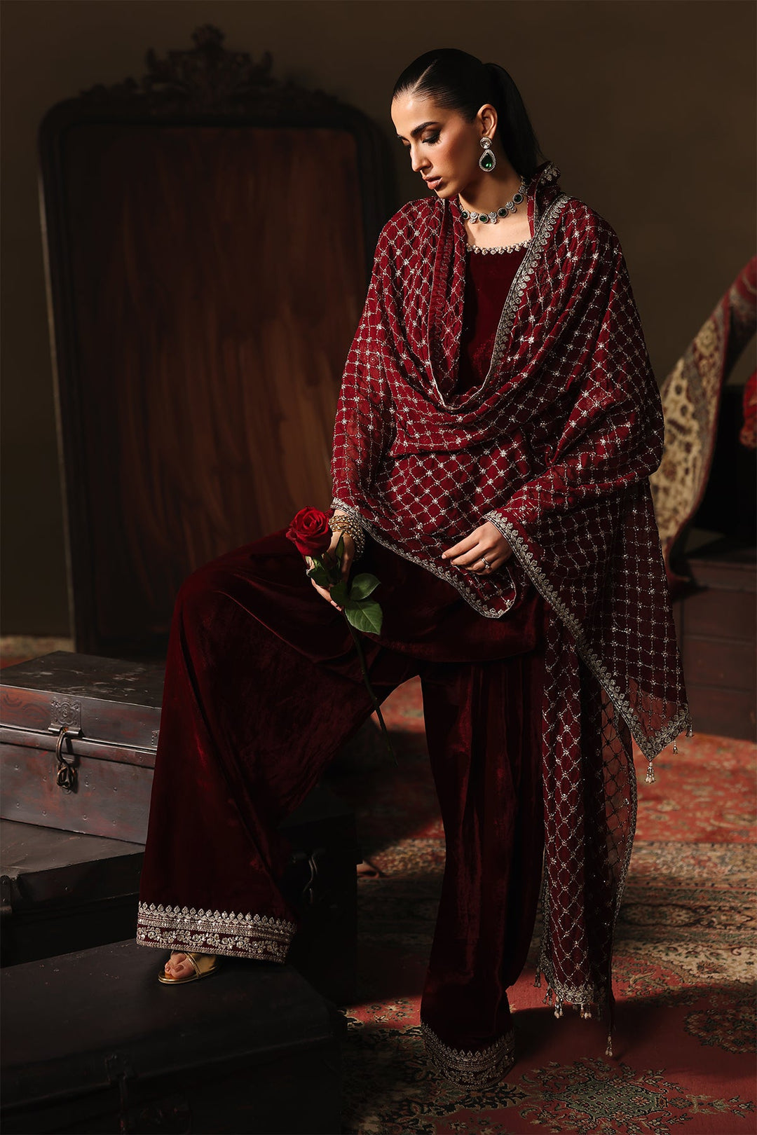 Velvet Red Stitched Suit - Charizma