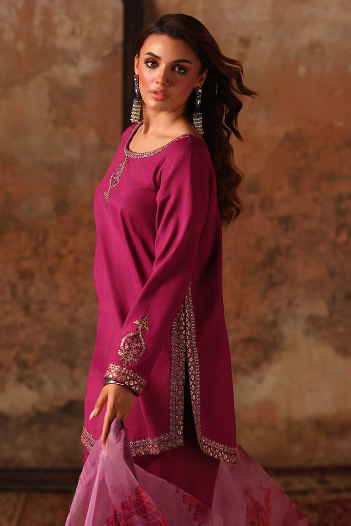 Embroidered Raw Silk Magenta Stitched Suit - Charizma