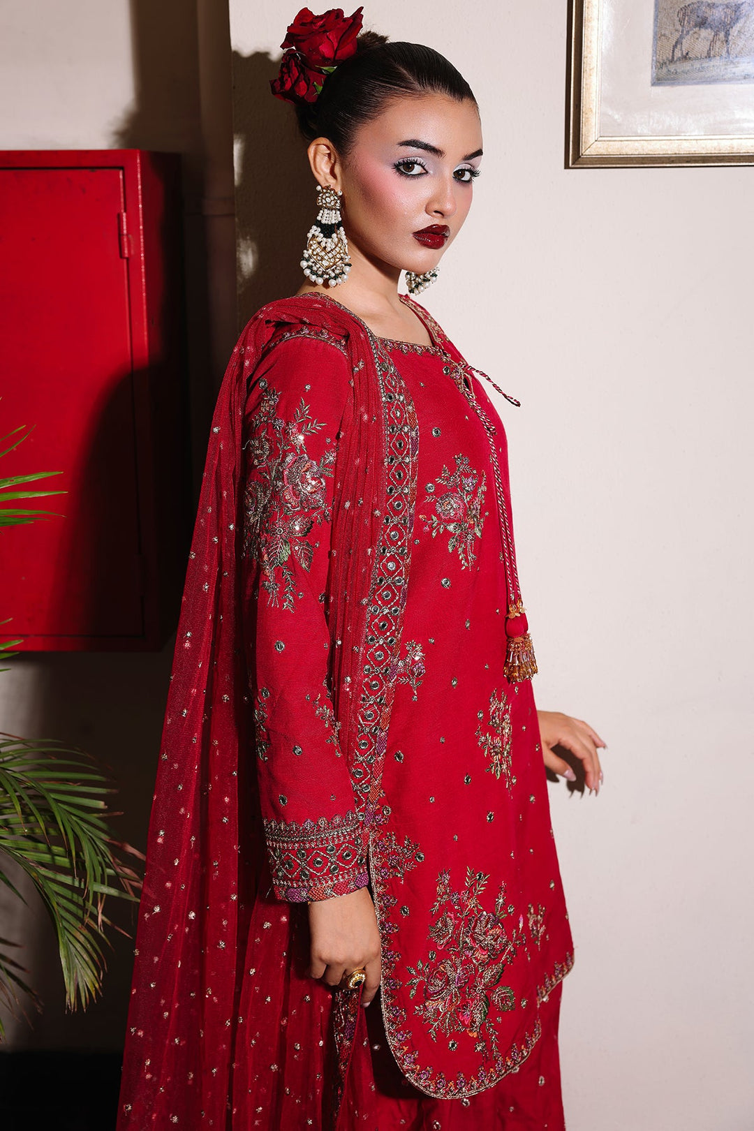 Embroidered Raw Silk Red Stitched Suit - Charizma