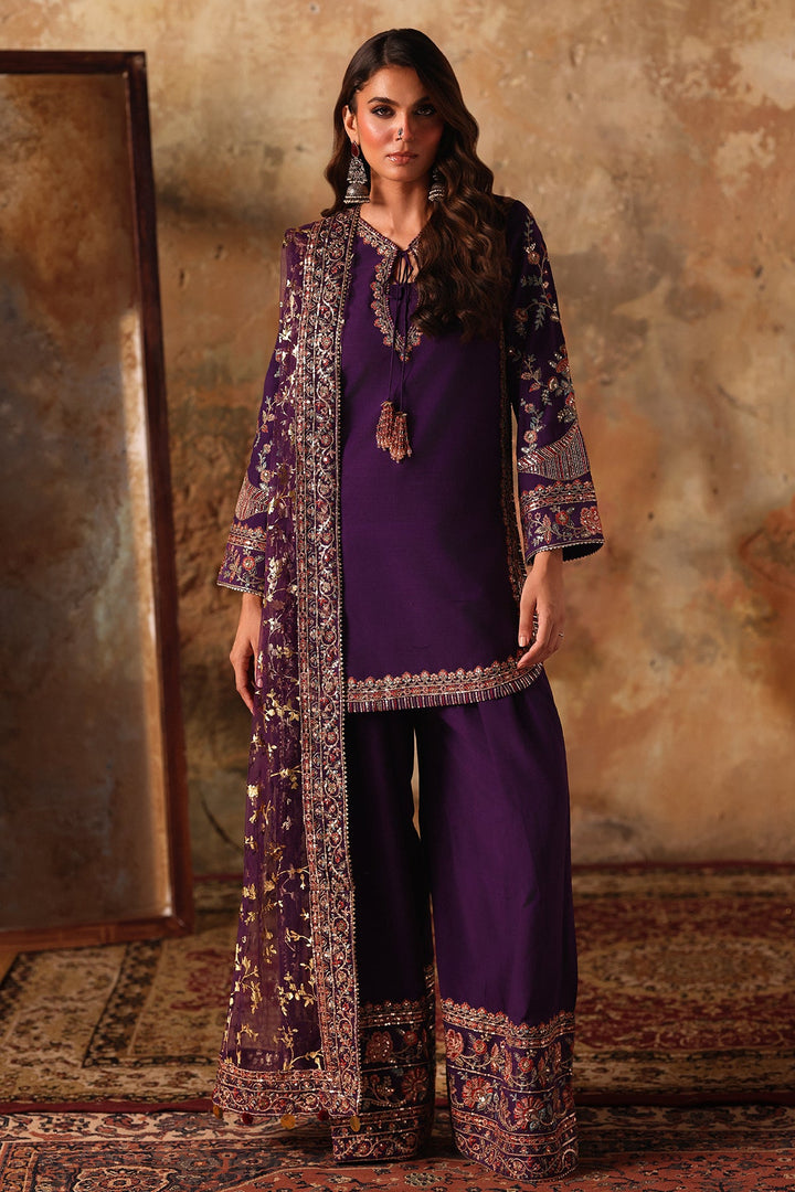 Embroidered Raw Silk Purple Stitched Suit - Charizma