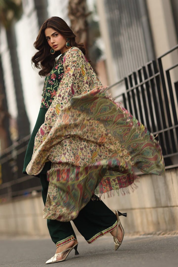 Embroidered Raw Silk Green Stitched Suit - Charizma