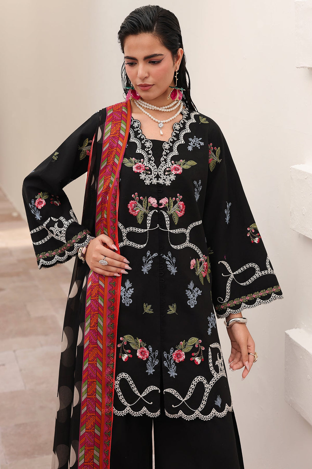 Embroidered Lawn Black Stitched Suit - Charizma