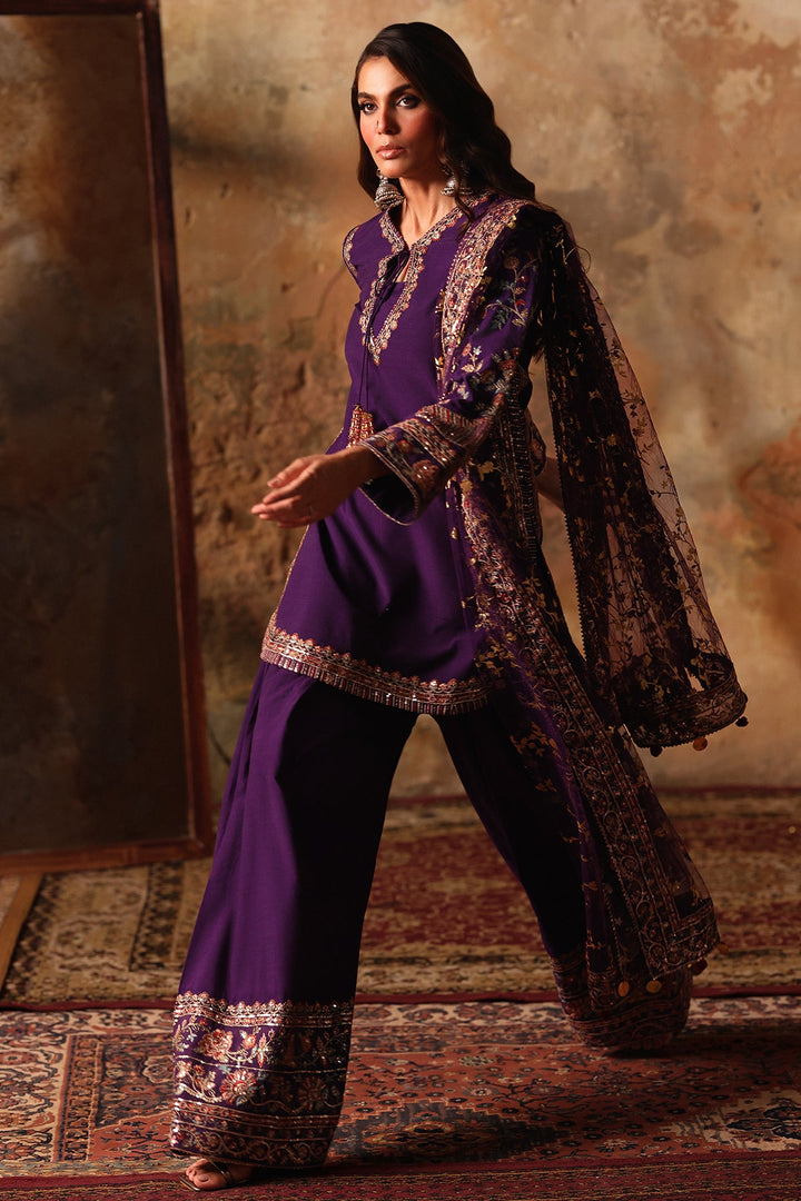 Embroidered Raw Silk Purple Stitched Suit - Charizma