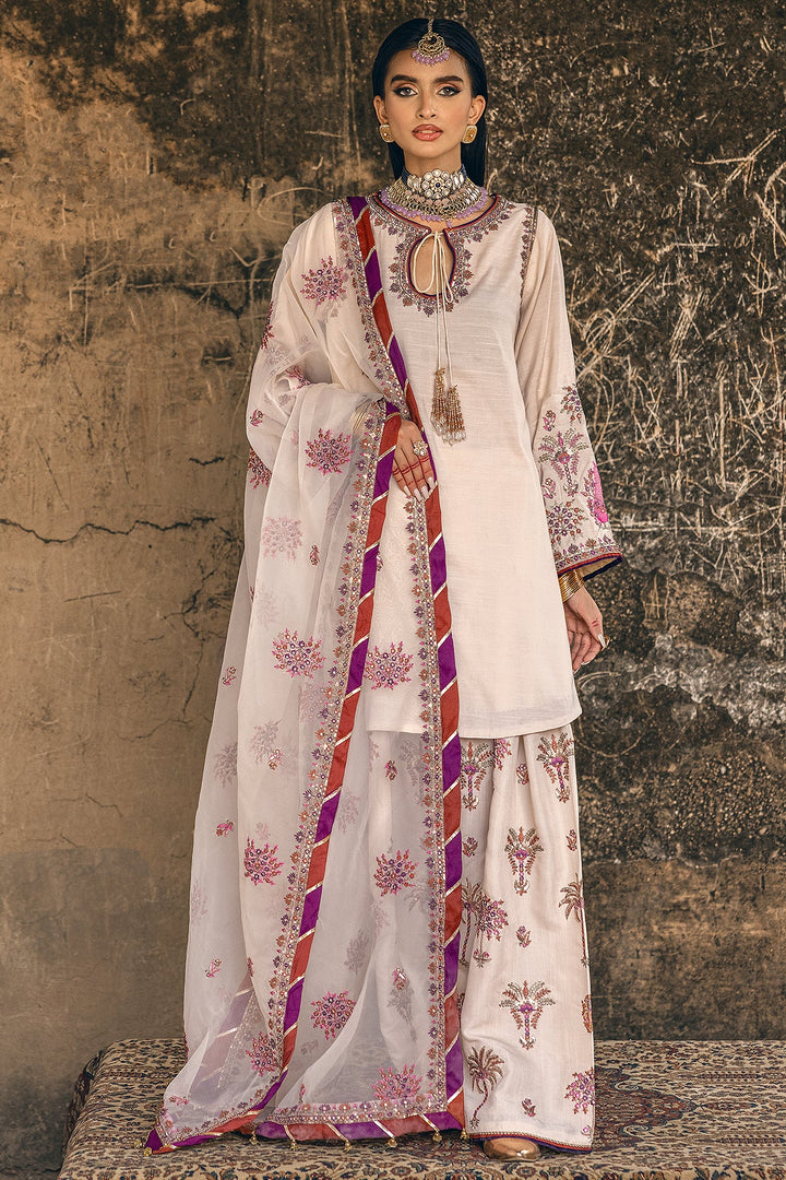 Embroidered Raw Silk Off White Stitched Suit - Charizma