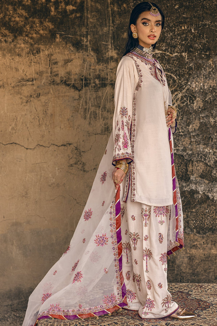 Embroidered Raw Silk Off White Stitched Suit - Charizma