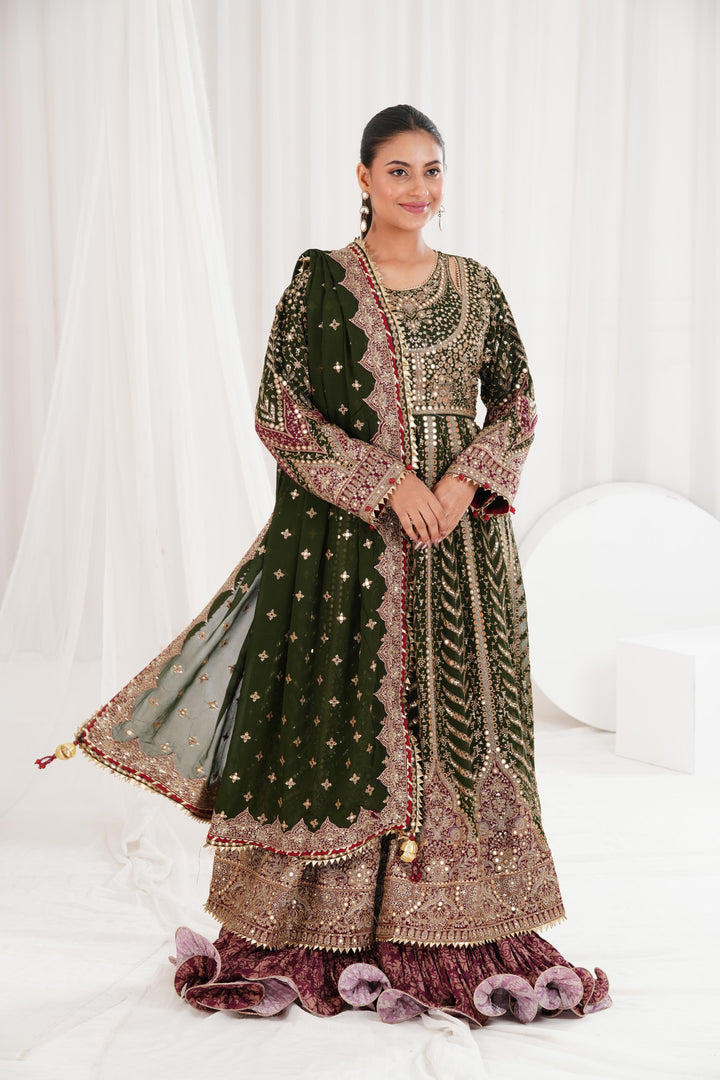 Embroidered Chiffon Dark Green Suit - Jazmin Wedding Formals Stitched