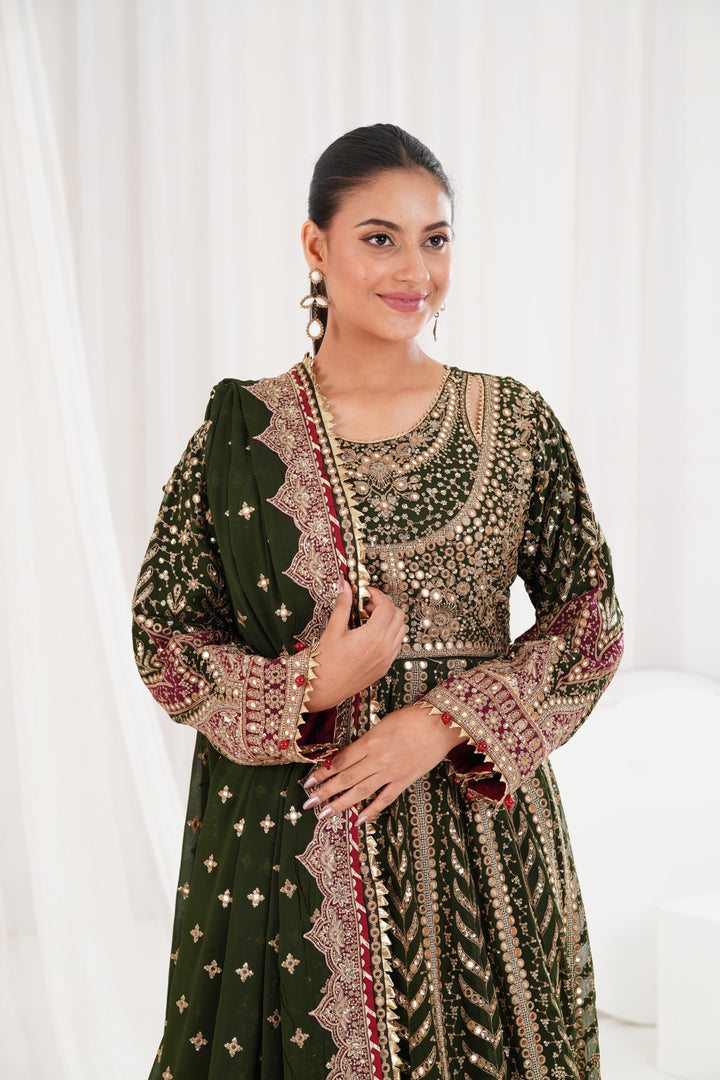 Embroidered Chiffon Dark Green Suit - Jazmin Wedding Formals Stitched