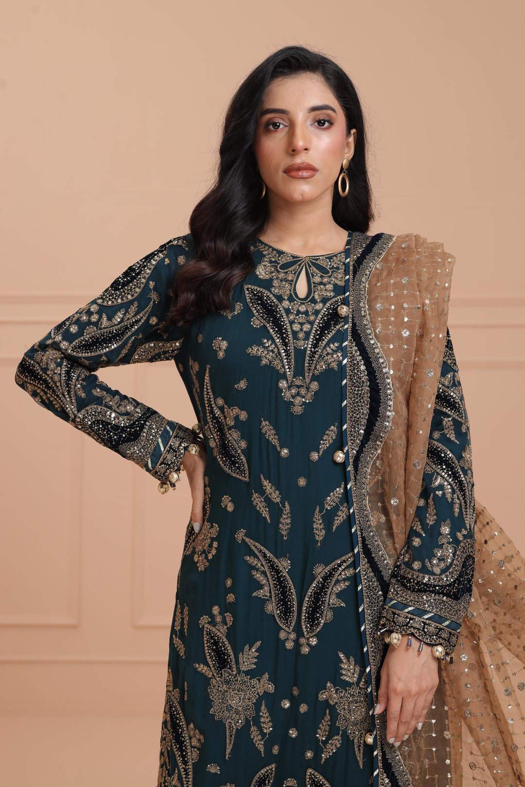 Embroidered Chiffon Dark Green Suit - Jazmin Wedding Formals Stitched