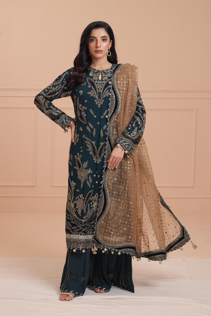 Embroidered Chiffon Dark Green Suit - Jazmin Wedding Formals Stitched