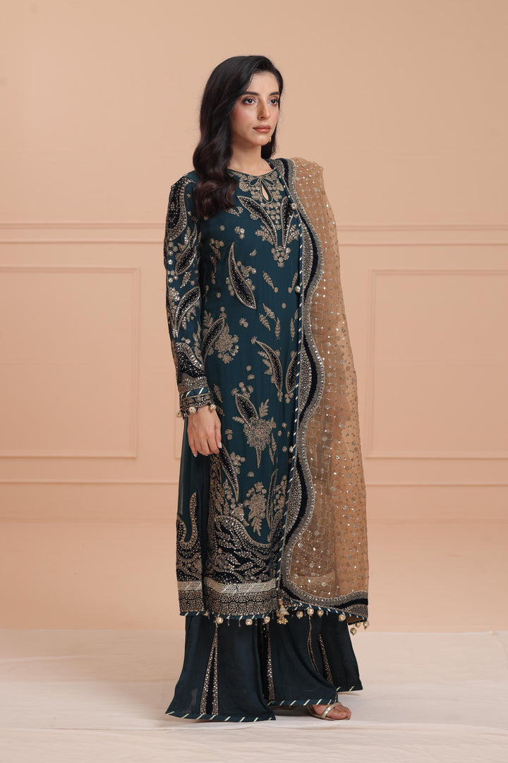 Embroidered Chiffon Dark Green Suit - Jazmin Wedding Formals Stitched