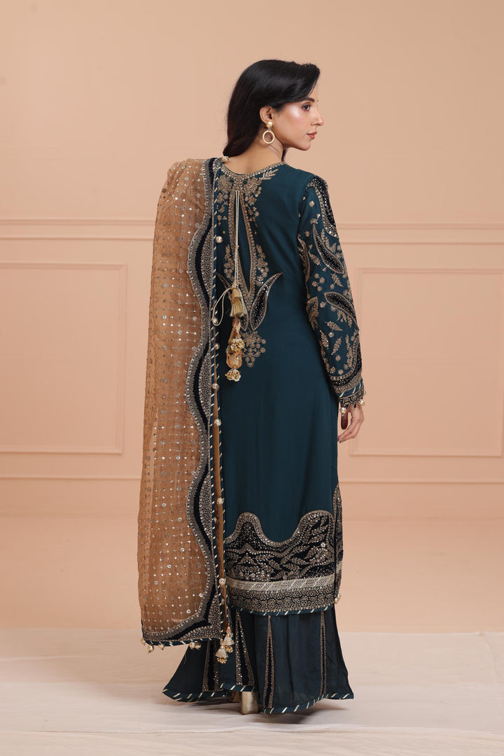 Embroidered Chiffon Dark Green Suit - Jazmin Wedding Formals Stitched