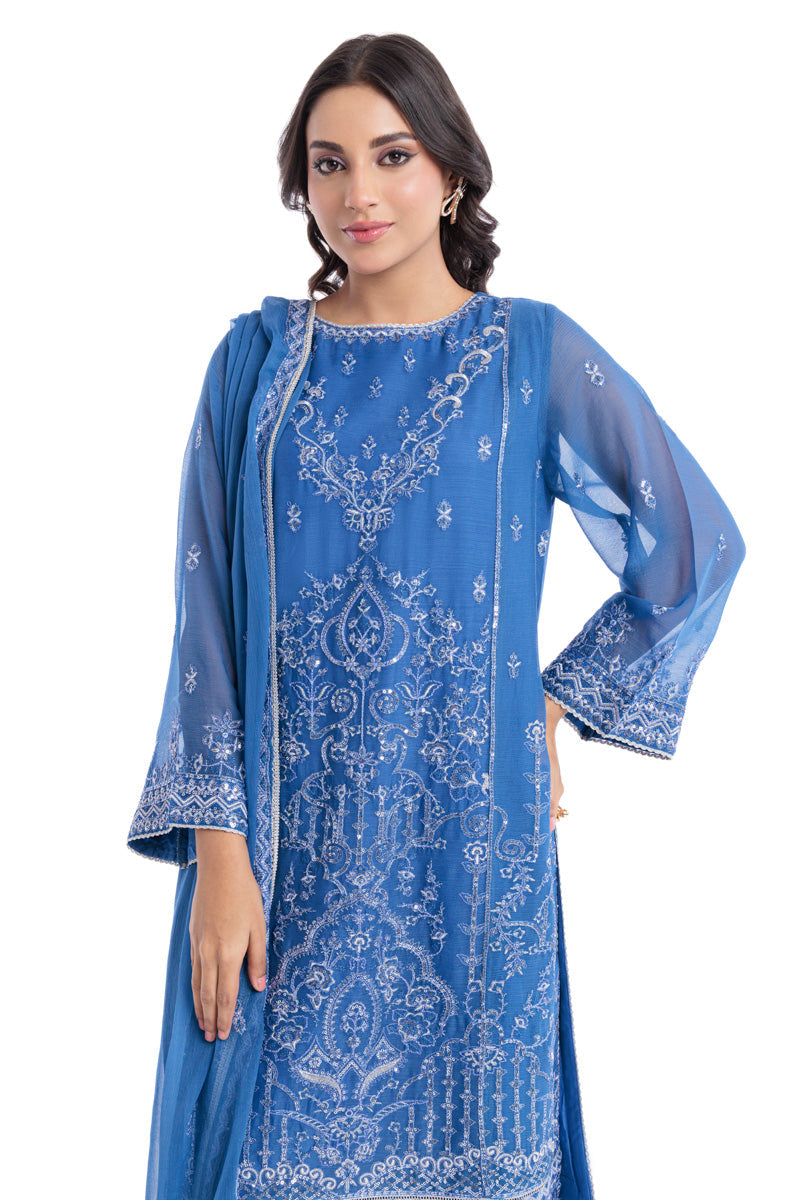 Chiffon Blue Stitched Suit - Bonanza