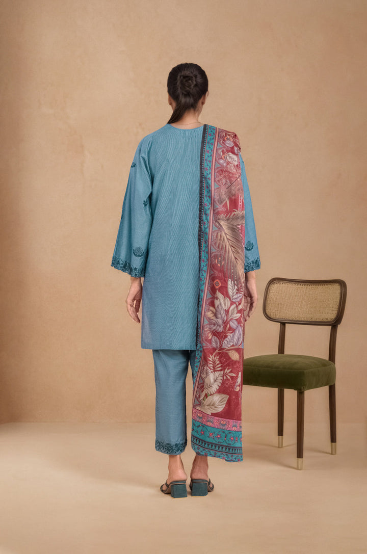 Cotton Silk Classic Blue Stitched Suit - Bonanza