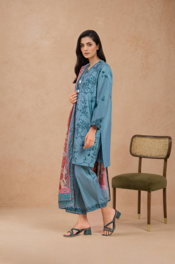 Cotton Silk Classic Blue Stitched Suit - Bonanza