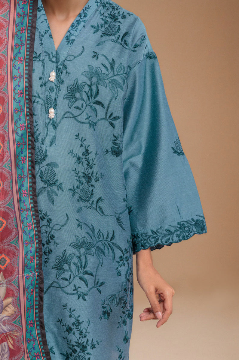 Cotton Silk Classic Blue Stitched Suit - Bonanza