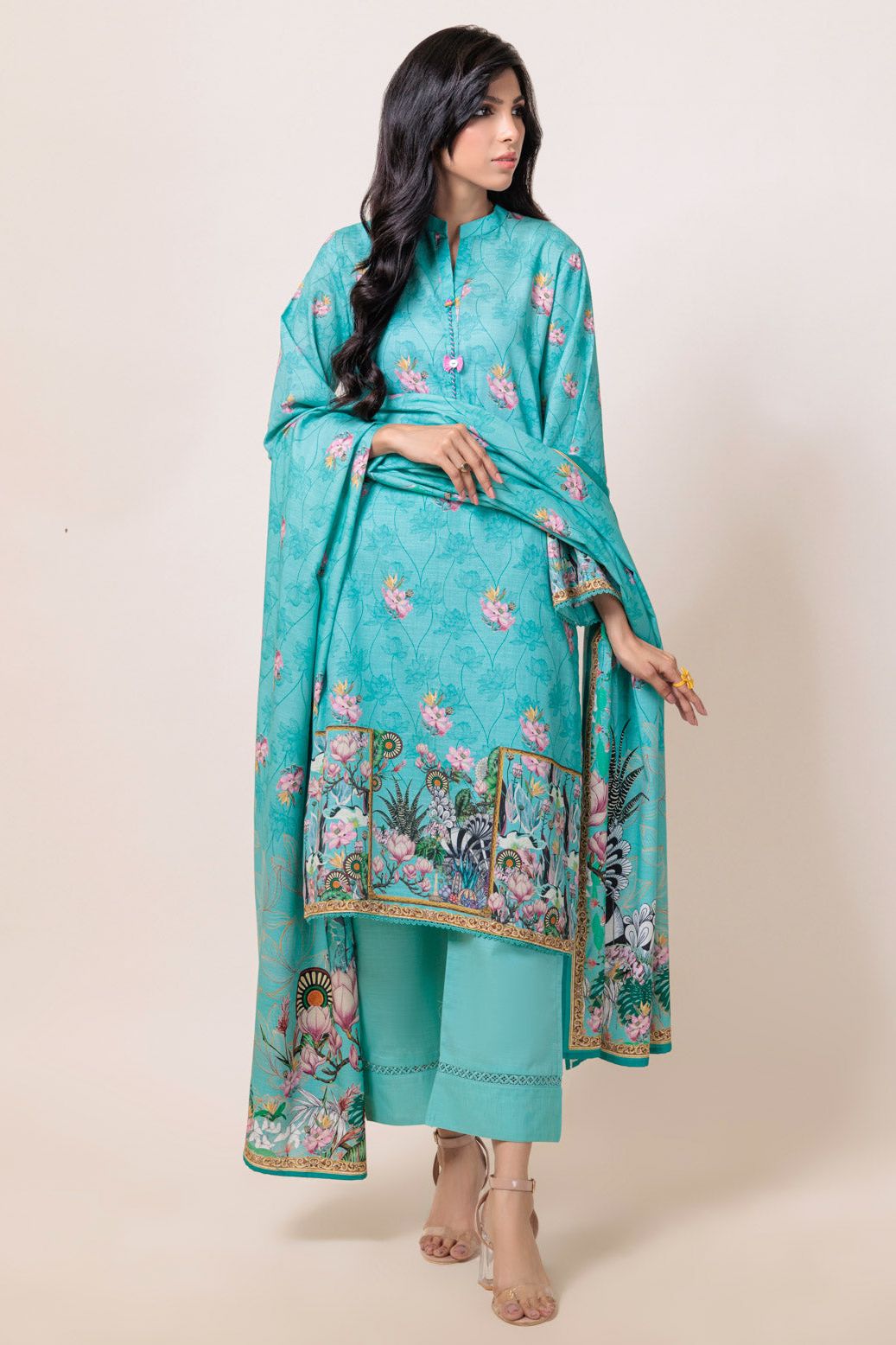 Dyed Cambric Embroidered Sea Green Stitched Suit - Bonanza