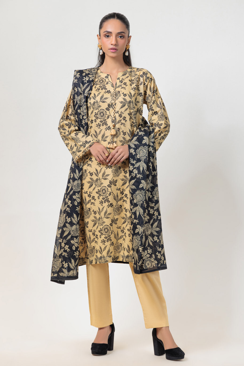 Printed Textured Cambric Beige Stitched Suit - Bonanza