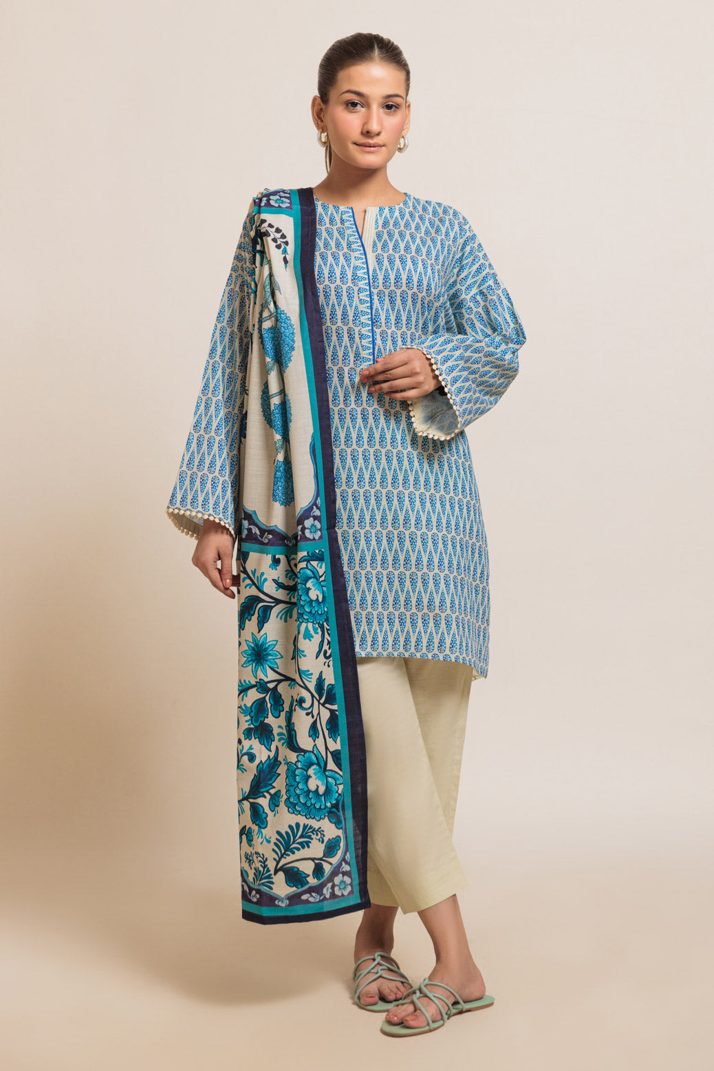 Printed Light Weight Khaddar Beige Stitched Suit - Bonanza