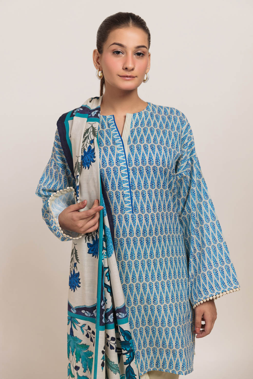 Printed Light Weight Khaddar Beige Stitched Suit - Bonanza