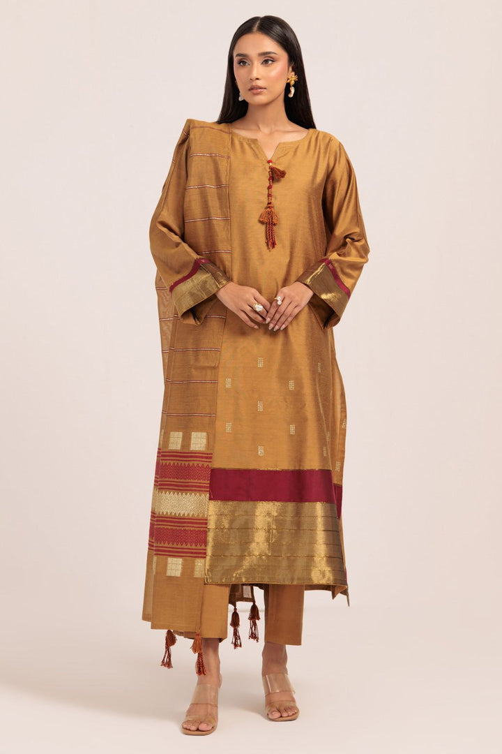 Yarn Dyed Khaddi Mustard Stitched Suit - Bonanza