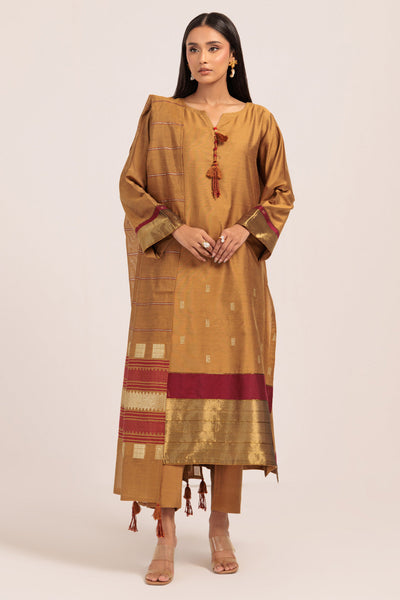 Yarn Dyed Khaddi Mustard Stitched Suit - Bonanza