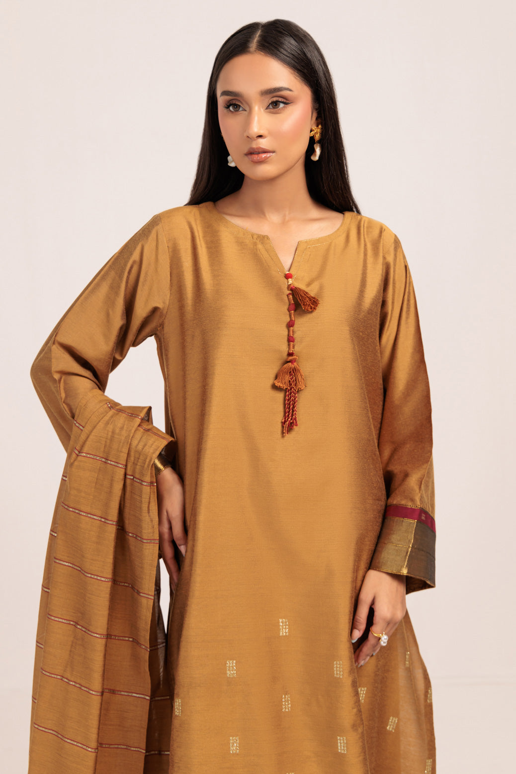 Yarn Dyed Khaddi Mustard Stitched Suit - Bonanza