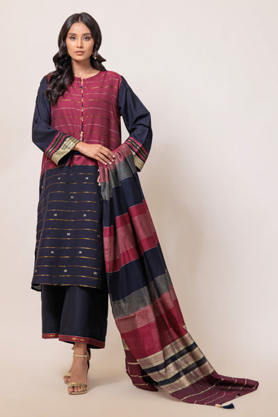 Yarn Dyed Khaddi Blue Stitched Suit - Bonanza