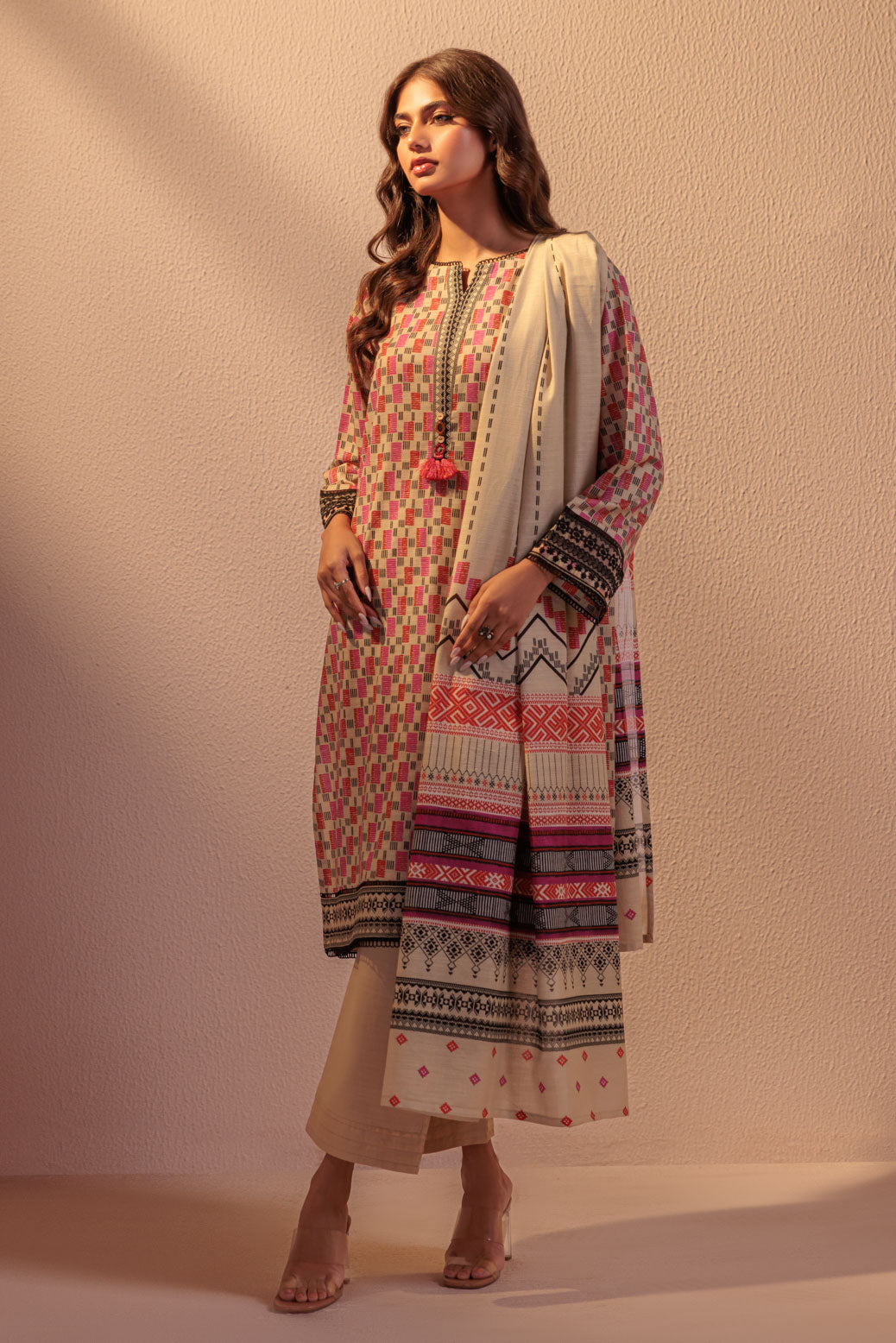 Khaddar Beige Stitched Suit - Bonanza