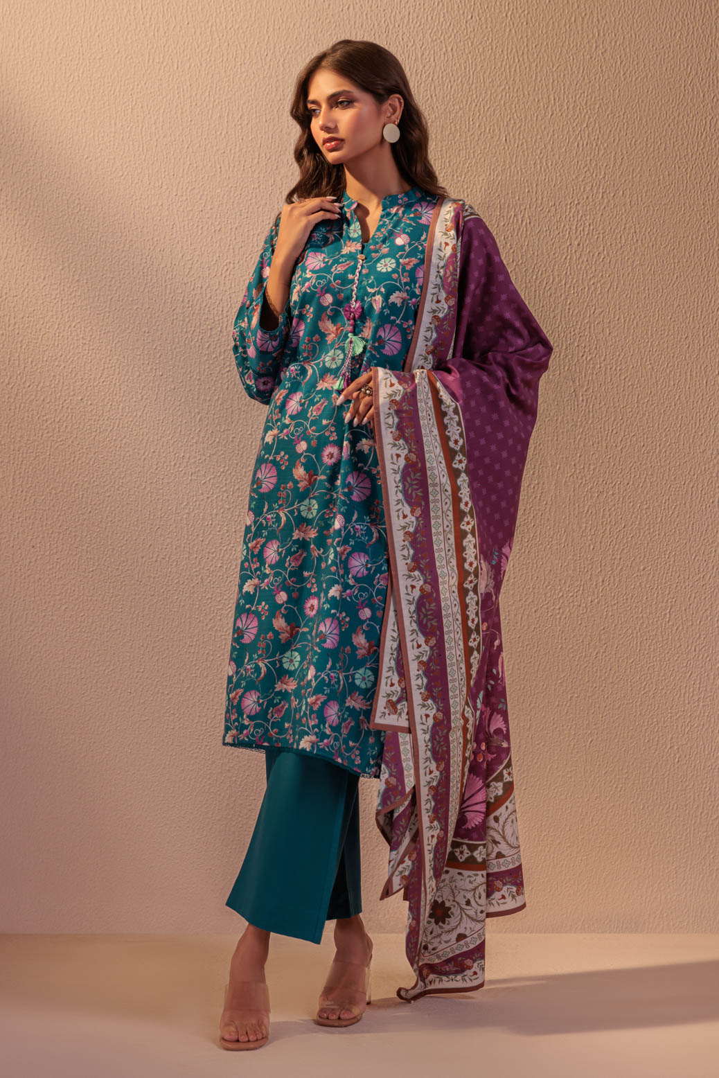 Printed Slub Khaddar Blue Stitched Suit - Bonanza