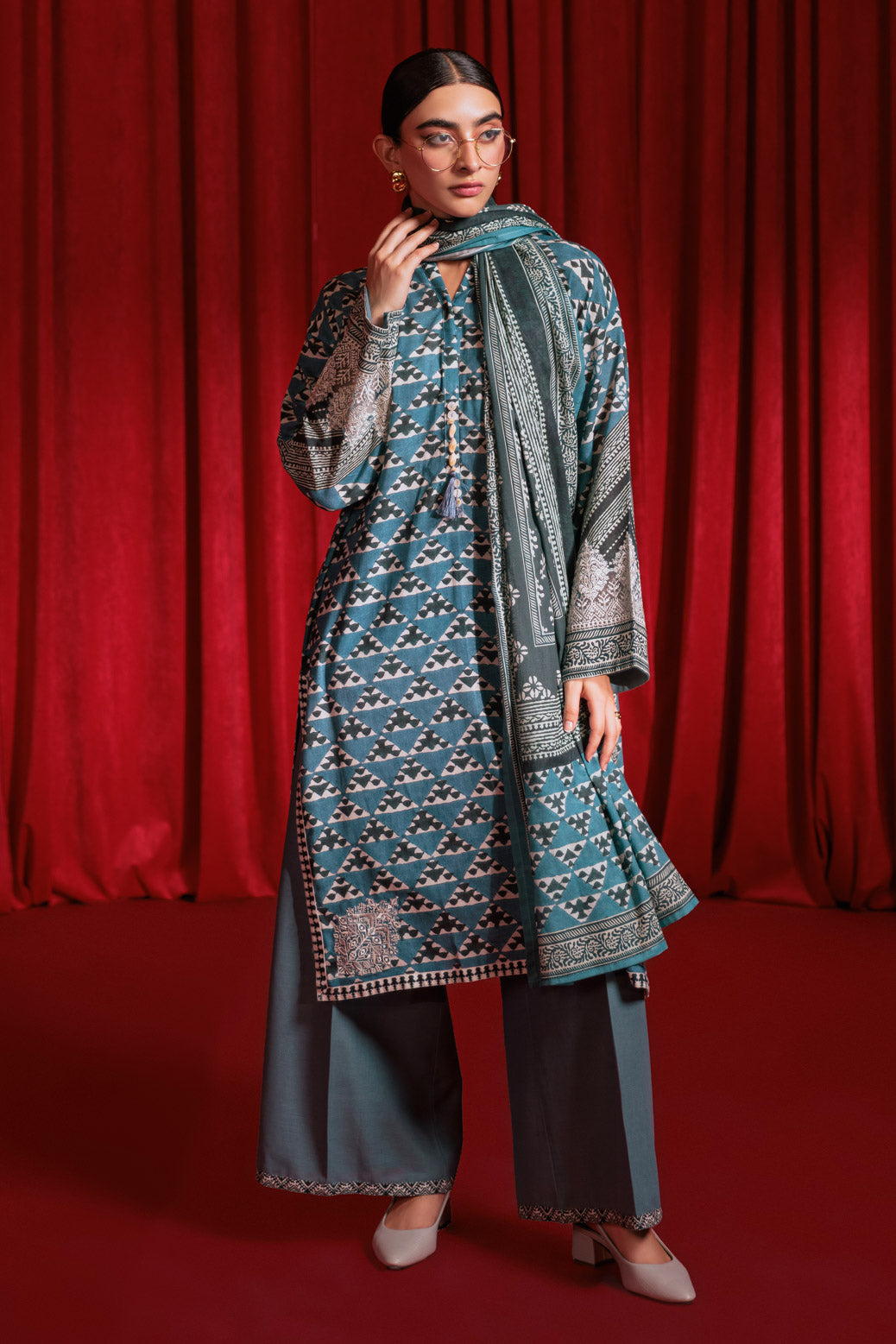 Printed Cotton Teal Stitched Suit - Bonanza