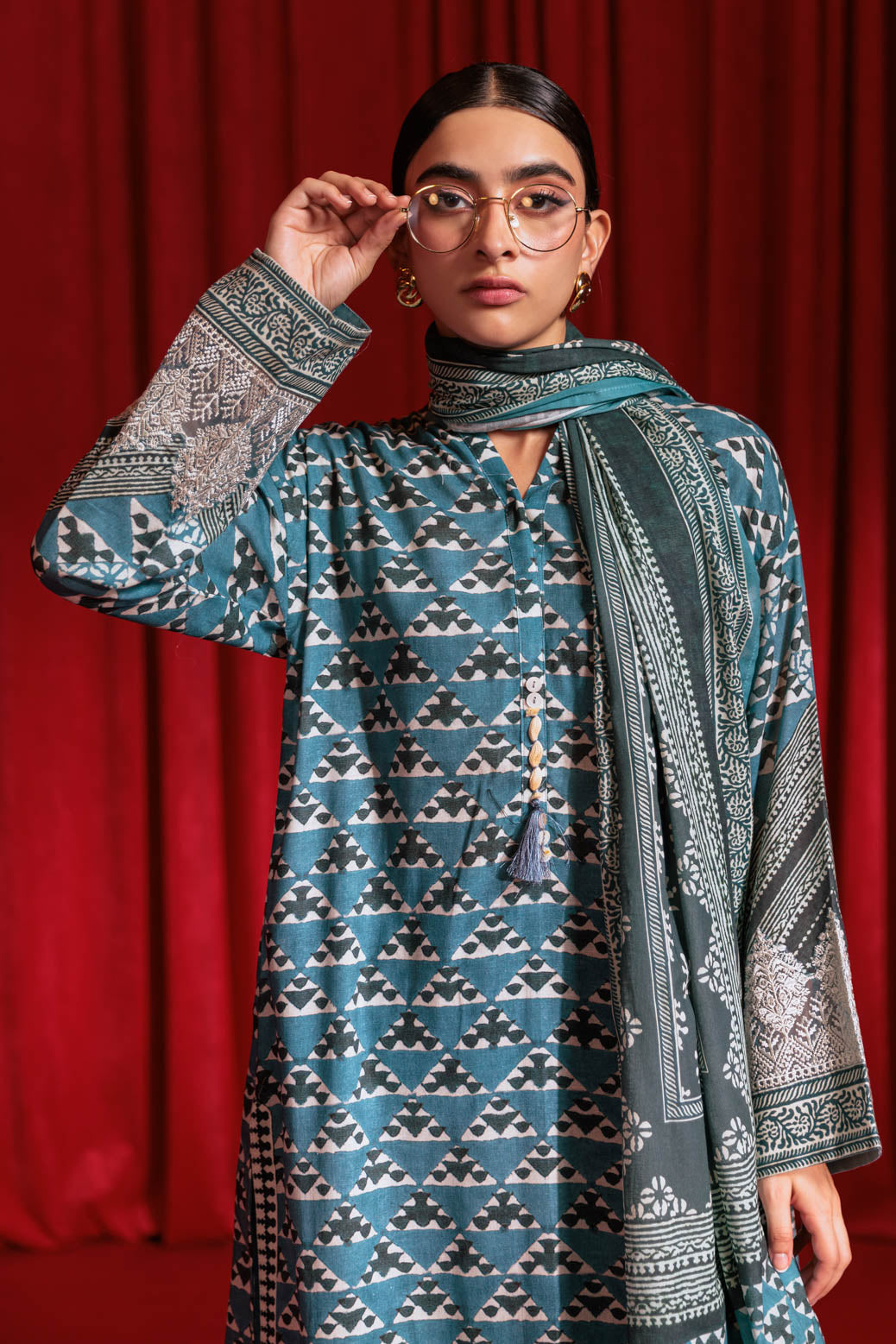 Printed Cotton Teal Stitched Suit - Bonanza