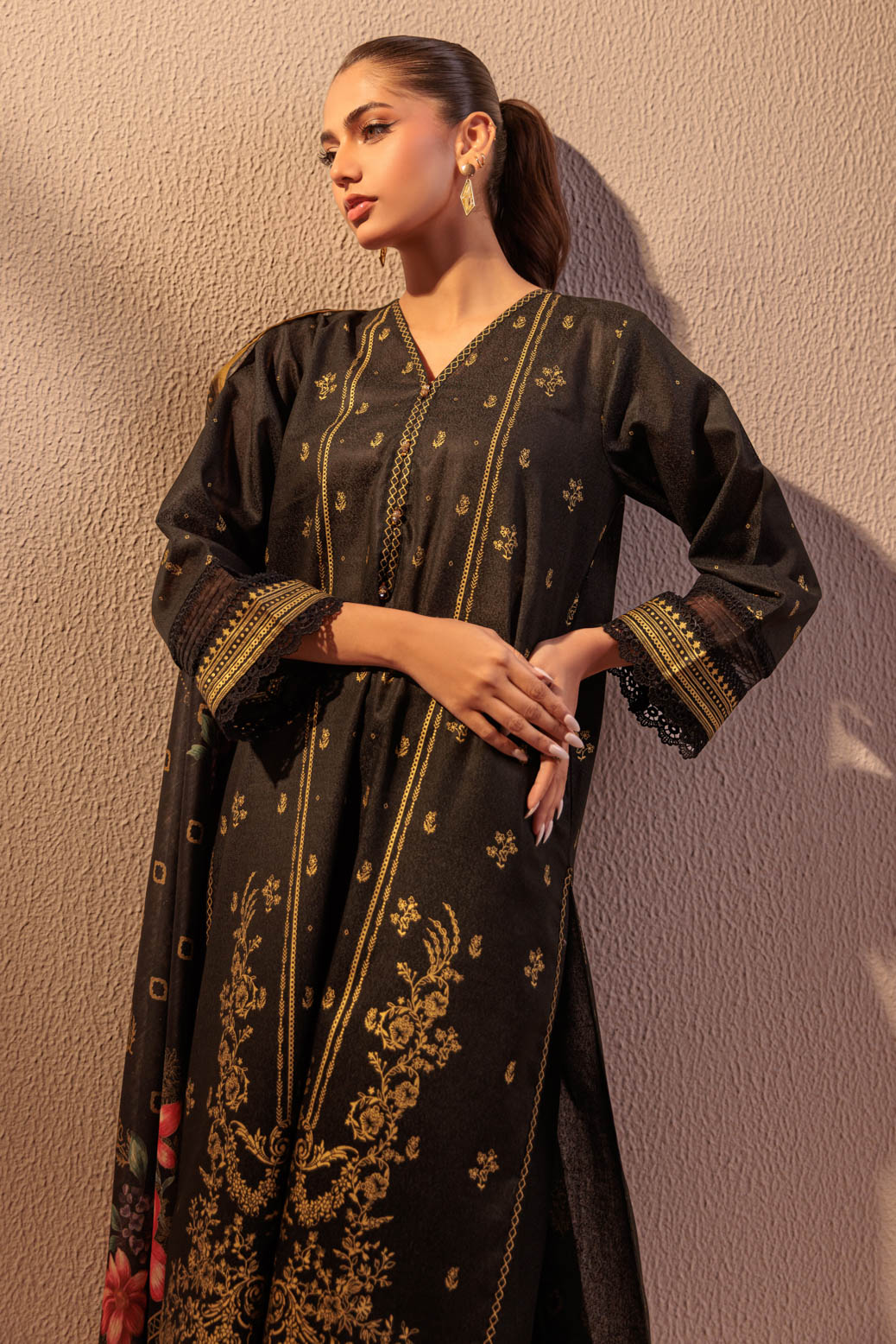 Printed Ayudia Black Stitched Suit - Bonanza