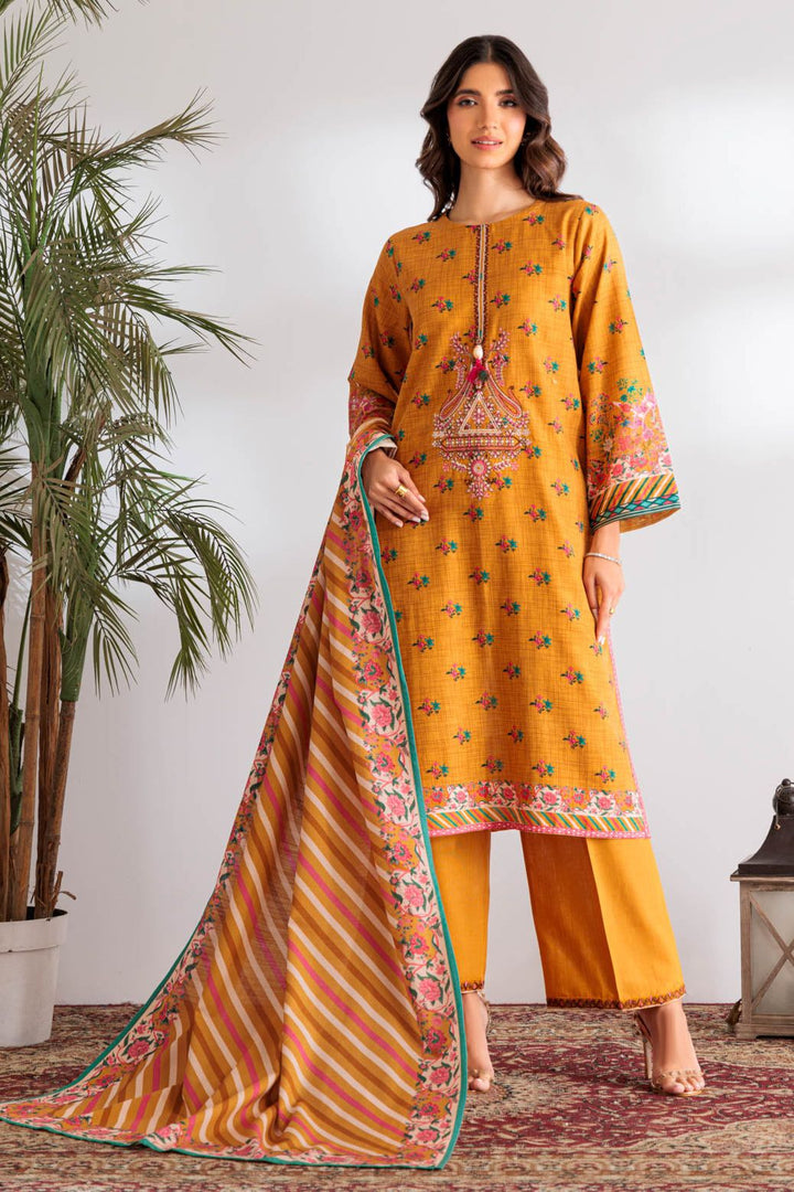 Printed Light Weight Khaddar Mustard Stitched Suit - Bonanza