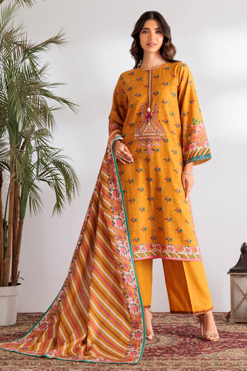 Printed Light Weight Khaddar Mustard Stitched Suit - Bonanza