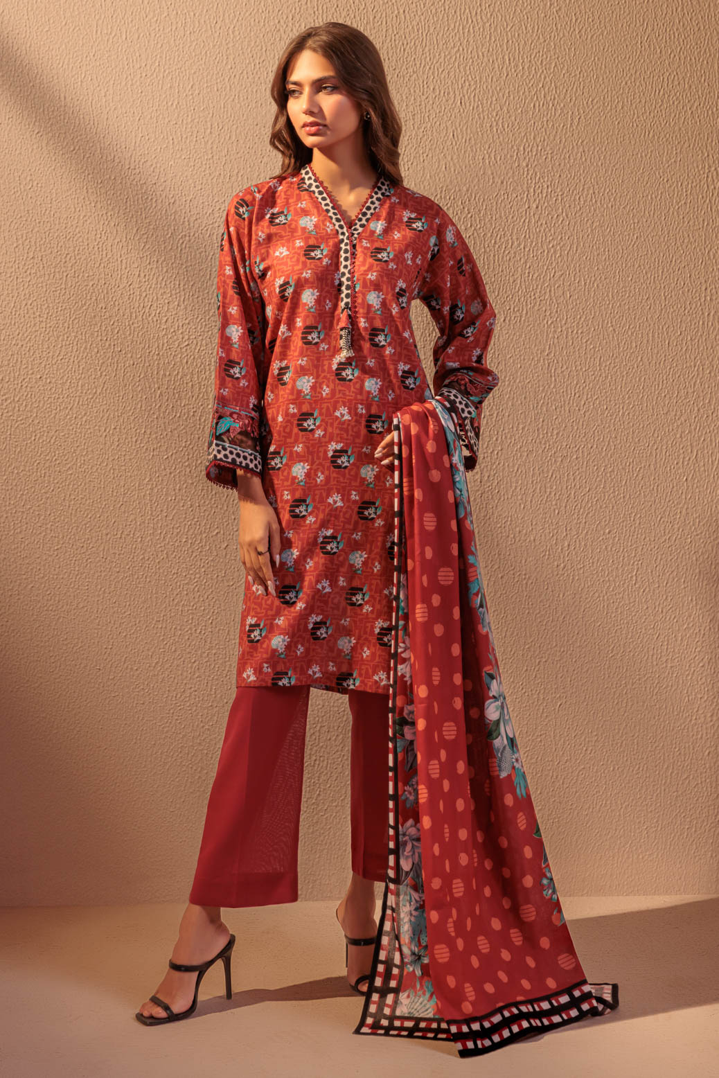 Printed Cotton Maroon Stitched Suit - Bonanza