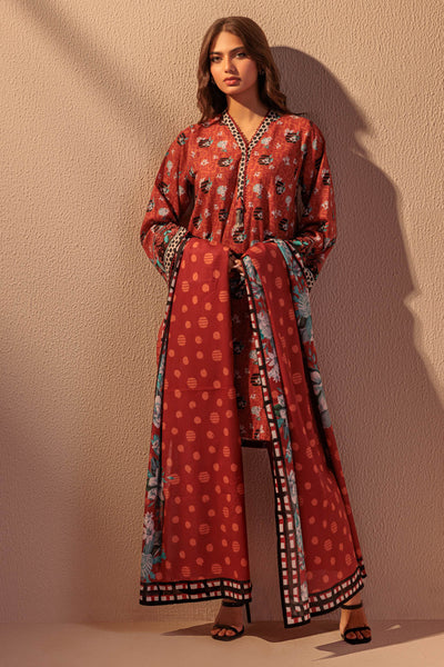 Printed Cotton Maroon Stitched Suit - Bonanza