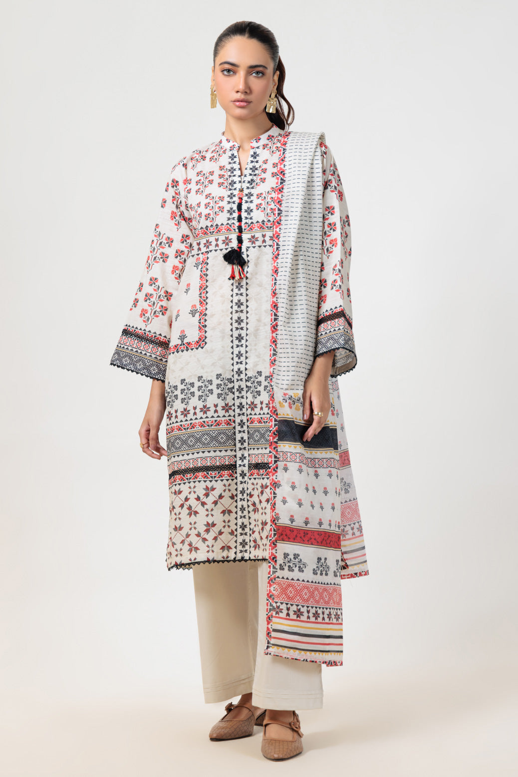 Digital Printed Textured Cambric Beige Stitched Suit - Bonanza