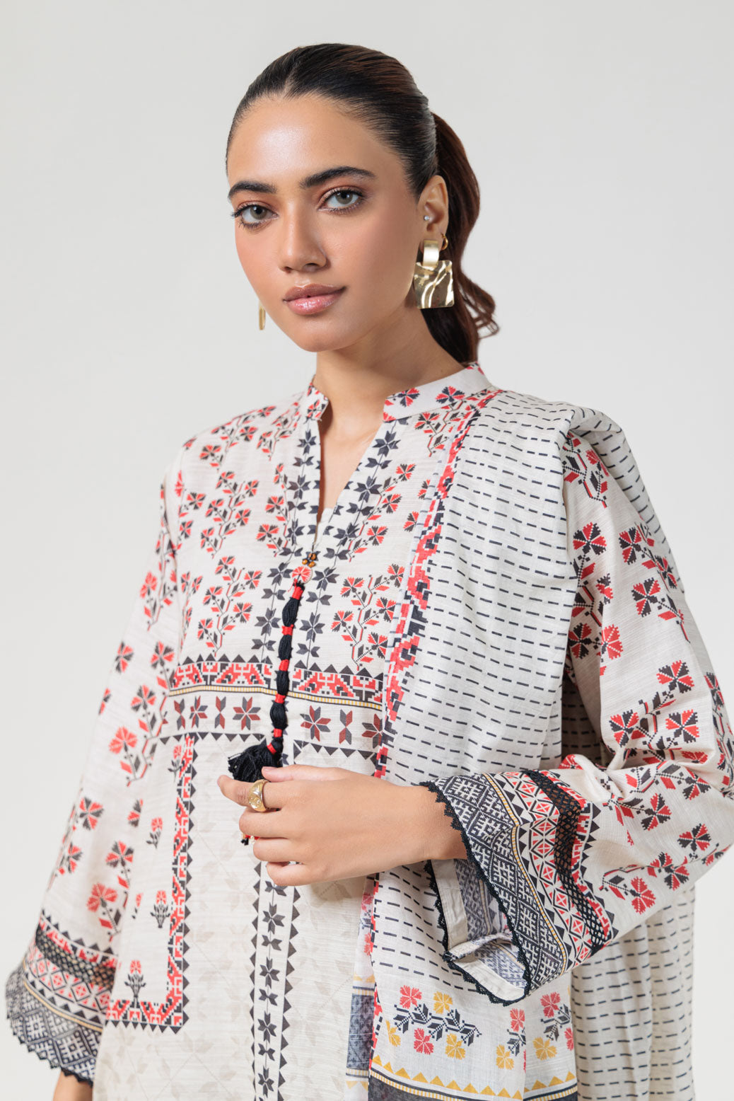 Digital Printed Textured Cambric Beige Stitched Suit - Bonanza